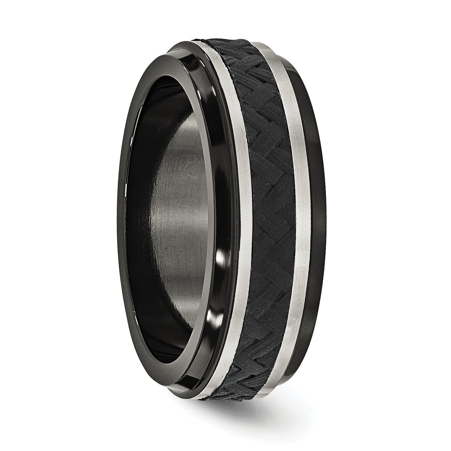 Edward Mirell Polished Titanium Men's Ring with Black Carbon Fiber