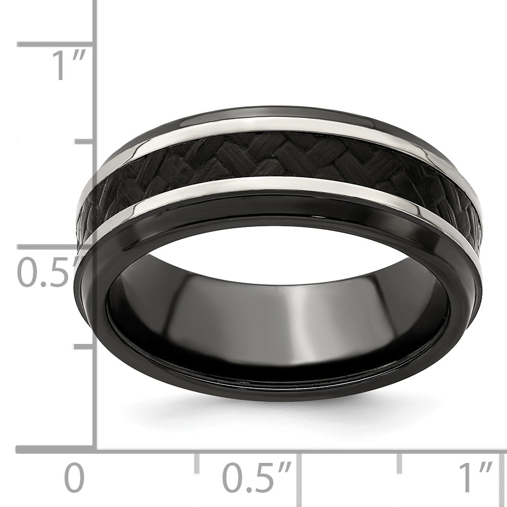 Edward Mirell Polished Titanium Men's Ring with Black Carbon Fiber