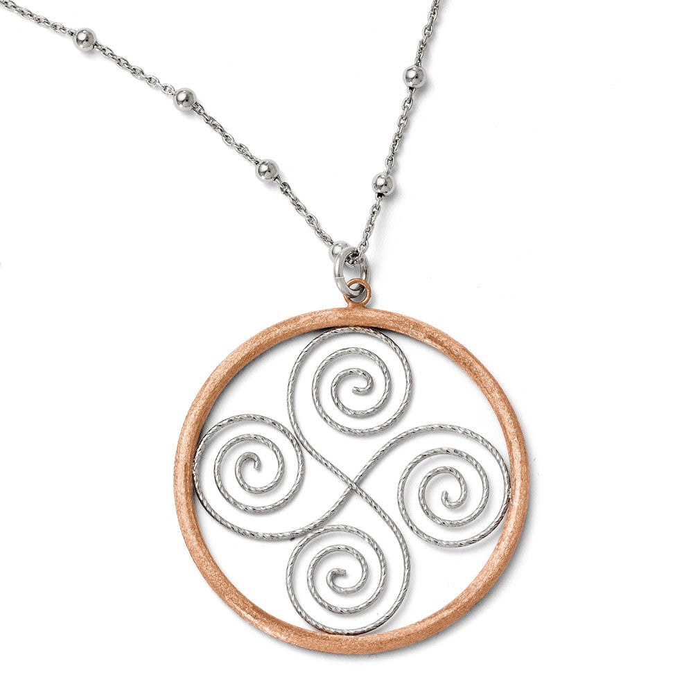 Sterling Silver & Rose Gold-plated Satin & Diamond Cut  Beaded Swirl Circle With  2in ext Necklace