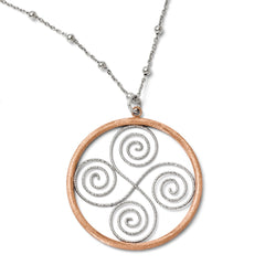 Sterling Silver & Rose Gold-plated Satin & Diamond Cut  Beaded Swirl Circle With  2in ext Necklace