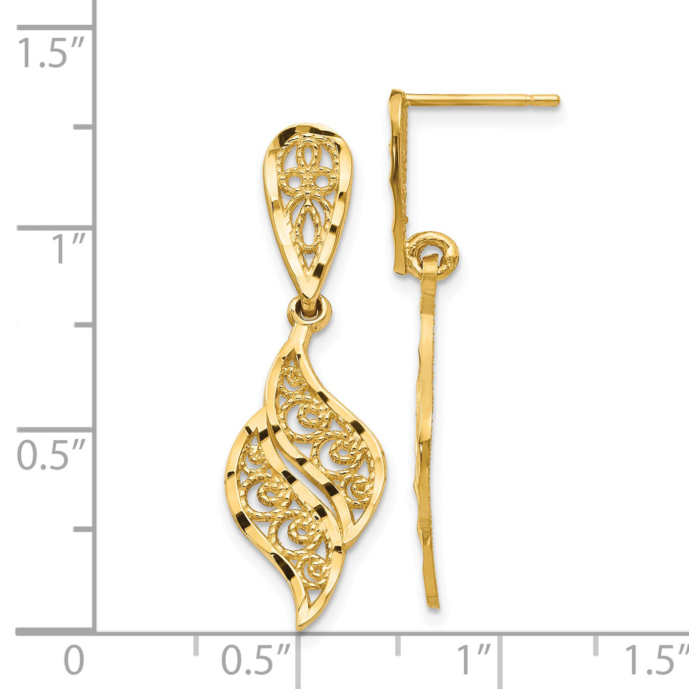 14K Gold Polished Diamond-Cut Filigree Swirl Dangle Earrings for Women