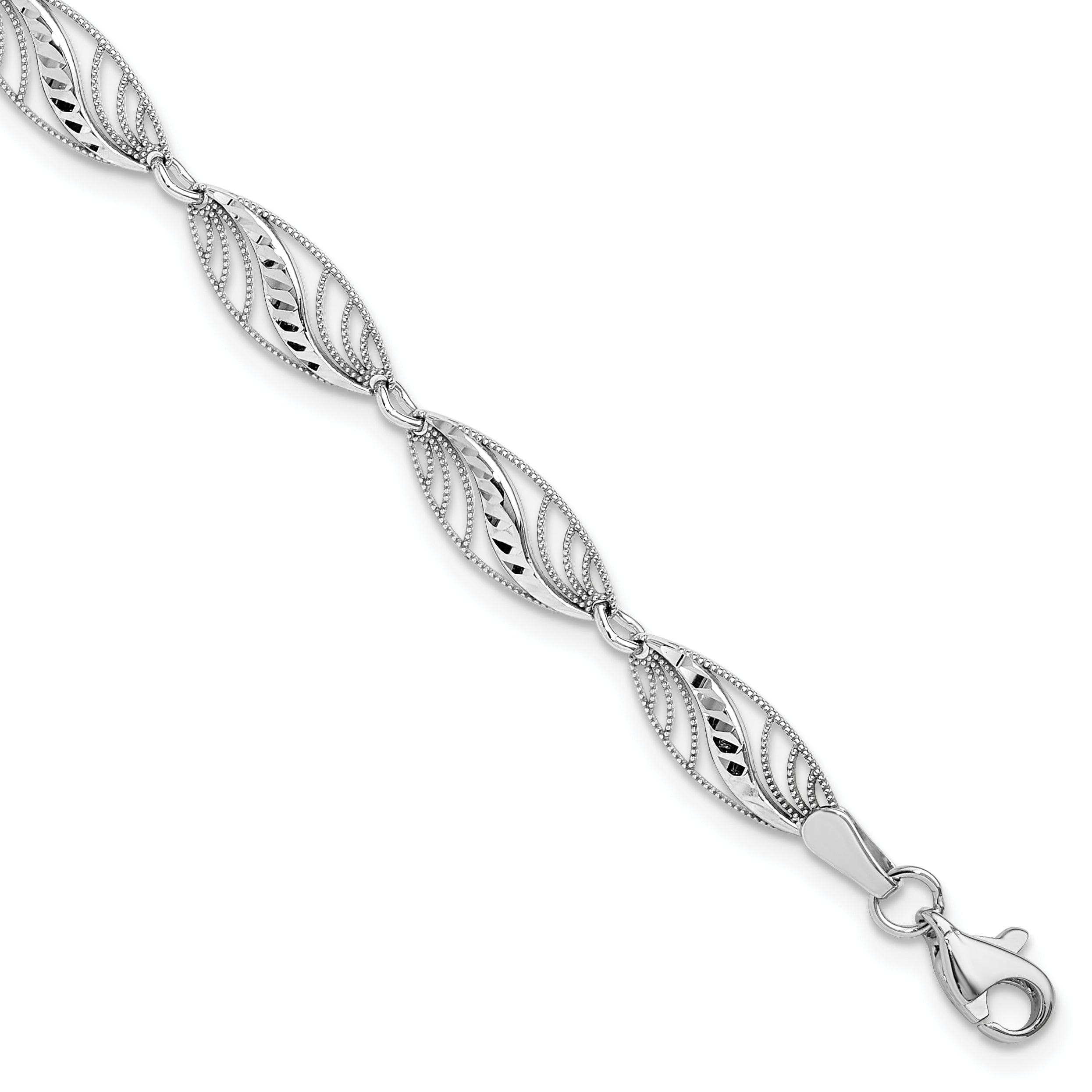 14k White Gold Filigree Diamond Cut 7.25 inch Bracelet