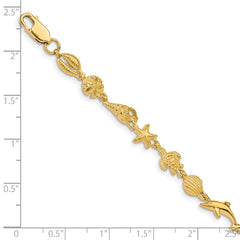 14K Gold Polished and Textured Sea Life Bracelet