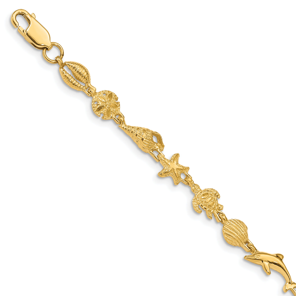 14K Gold Polished and Textured Sea Life Bracelet