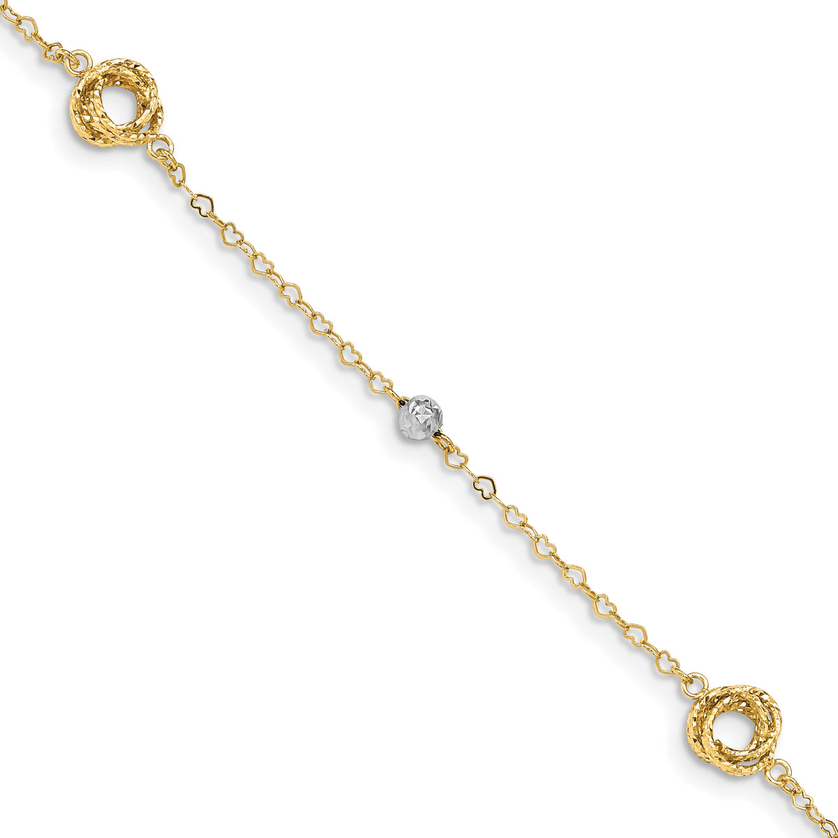 14k Two-tone Love Knots on Small Heart Link Bracelet