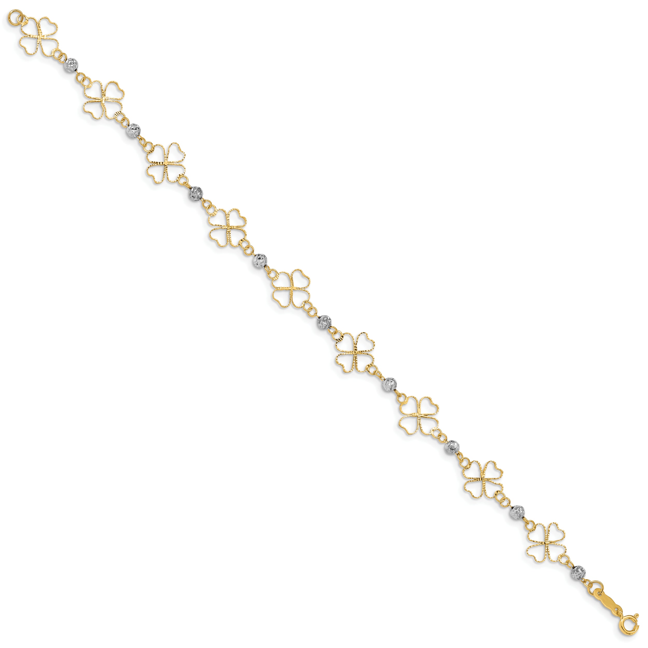 14k Two-tone Diamond-cut Open Clovers & Beads Bracelet