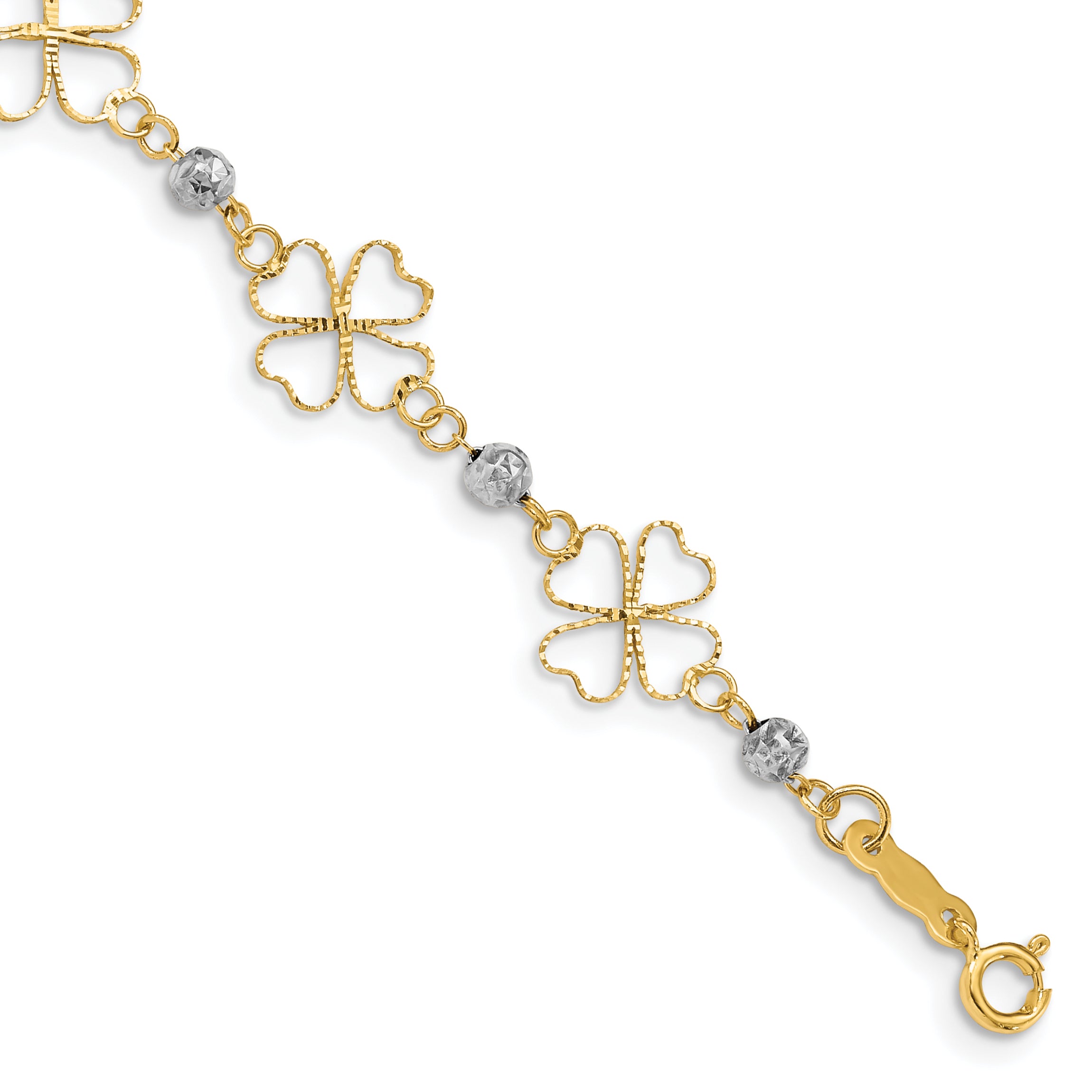 14k Two-tone Diamond-cut Open Clovers & Beads Bracelet