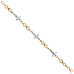 14K w/ Rhodium Polished Cross Infinity Symbol Link Bracelet