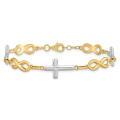 14K w/ Rhodium Polished Cross Infinity Symbol Link Bracelet