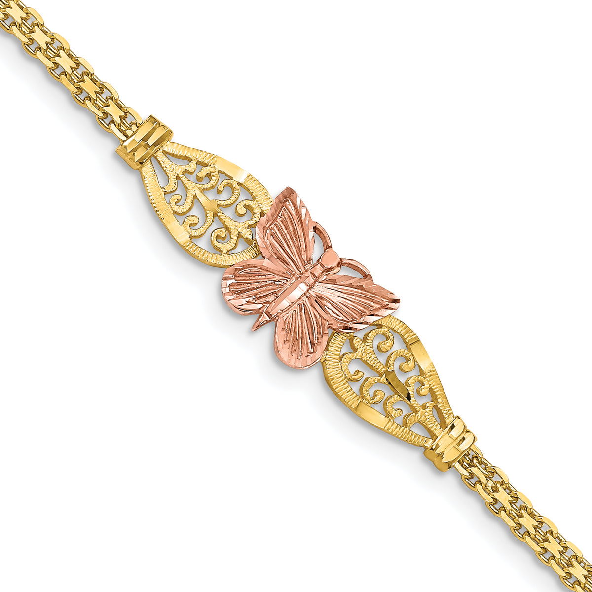 14K Two-tone Polished & D/C Butterfly Bracelet