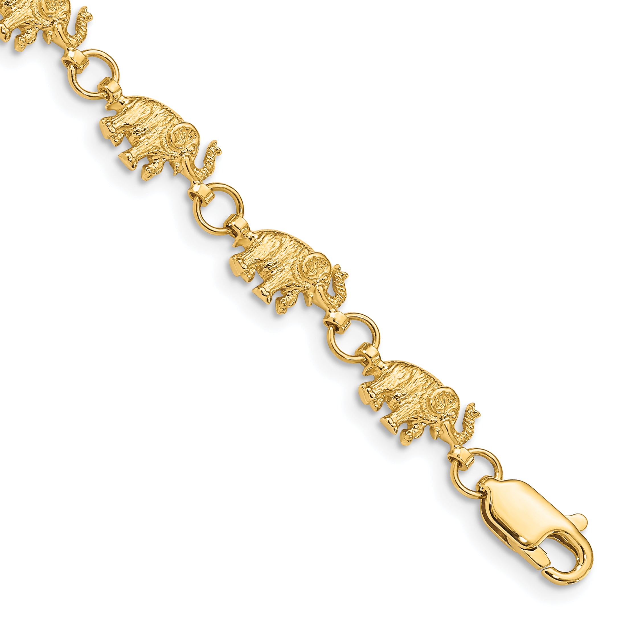 14k 8in Diamond-cut Small Elephants with Trunks Raised Bracelet