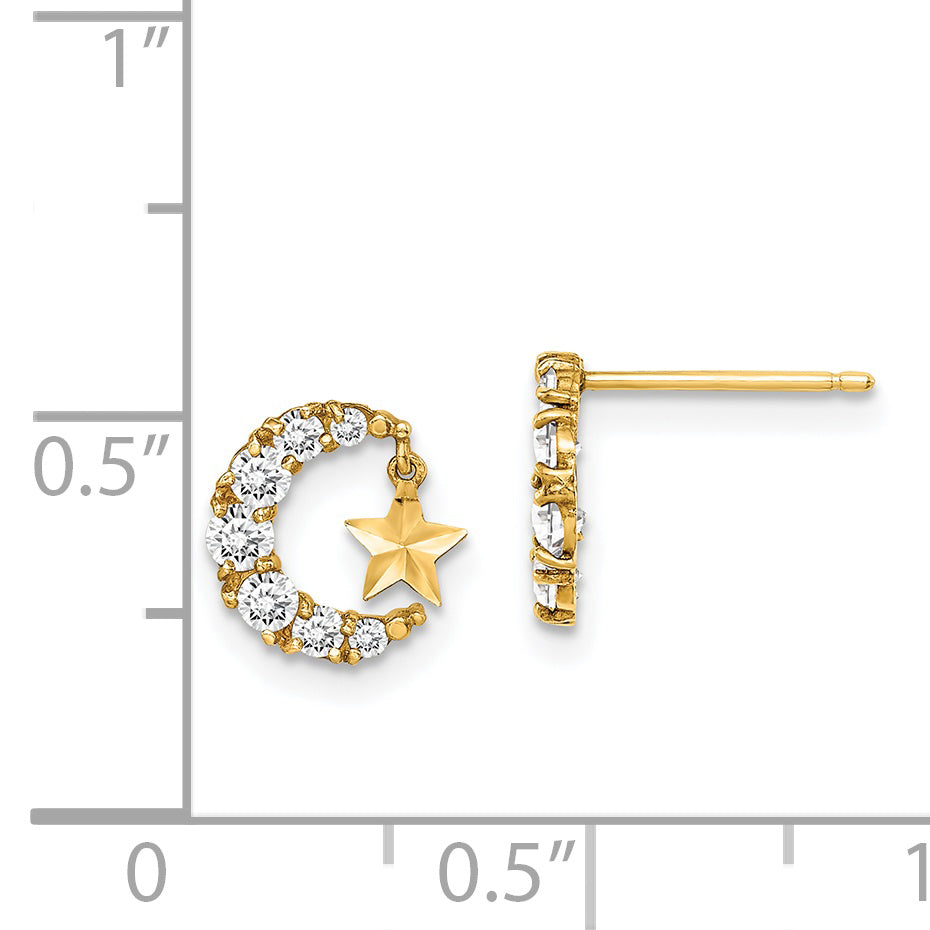 14k Madi K CZ Crescent Moon with D/C Star Dangle Post Earrings