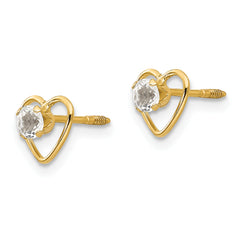 14K Gold White Topaz Birthstone Heart Earrings with Polished Finish