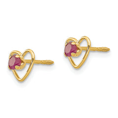 14K Gold Ruby Heart Birthstone Earrings with Polished Finish