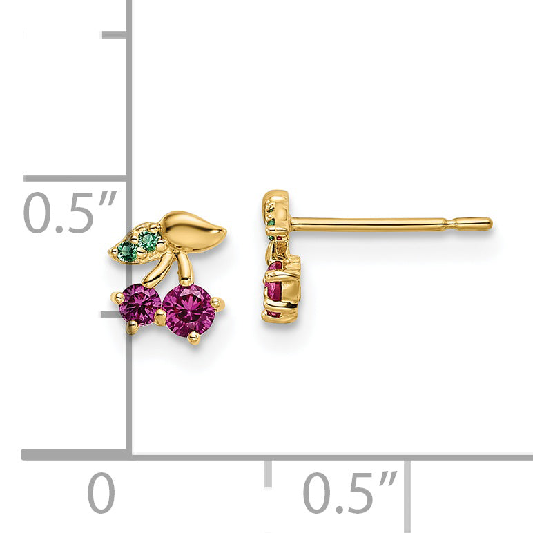 14k Madi K Red CZ & Green Glass Cherry Post Earrings