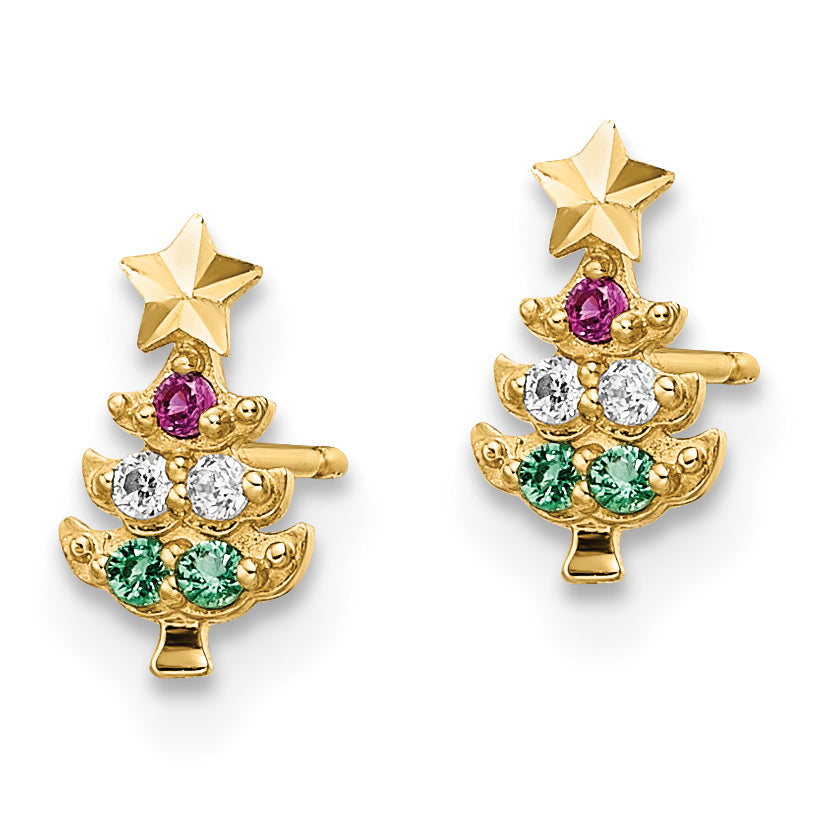 14k Madi K Red & Clear CZ & Green Glass Christmas Tree Post Earrings