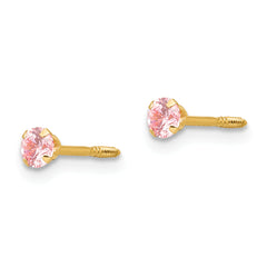 14K Gold Pink CZ Stud Earrings with Polished Finish and Screw Back