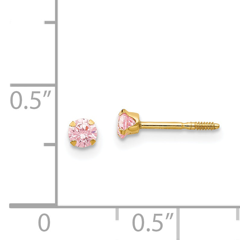 14K Gold Pink CZ Stud Earrings with Polished Finish and Screw Back