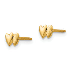 14K Gold Double Heart Earrings with Polished Finish and Screw Back