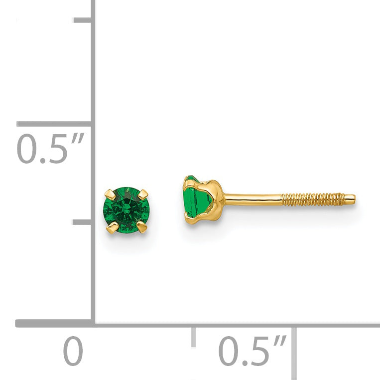 14K Gold May Birthstone Stud Earrings with Imitation Emerald, Nickel Free