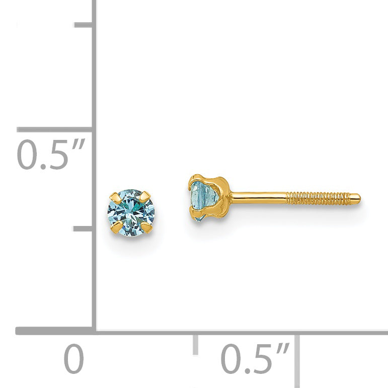 14K Gold Blue Zircon Birthstone Stud Earrings  Polished, Nickel Free