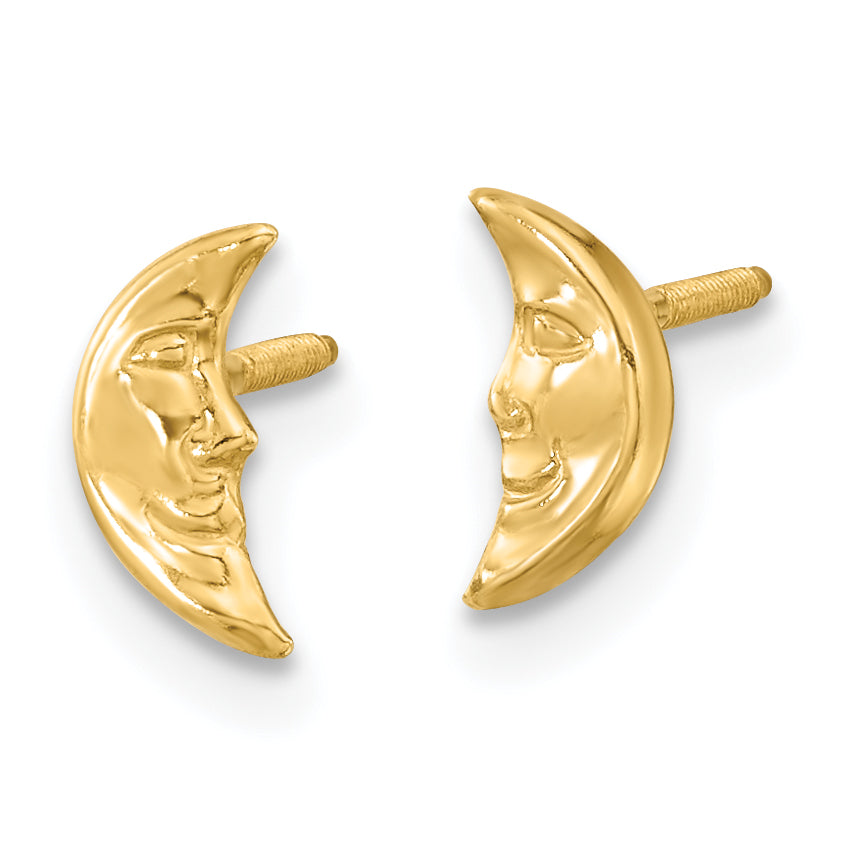 14K Gold Moon Face Earrings, Polished Solid Design, Nickel-Free