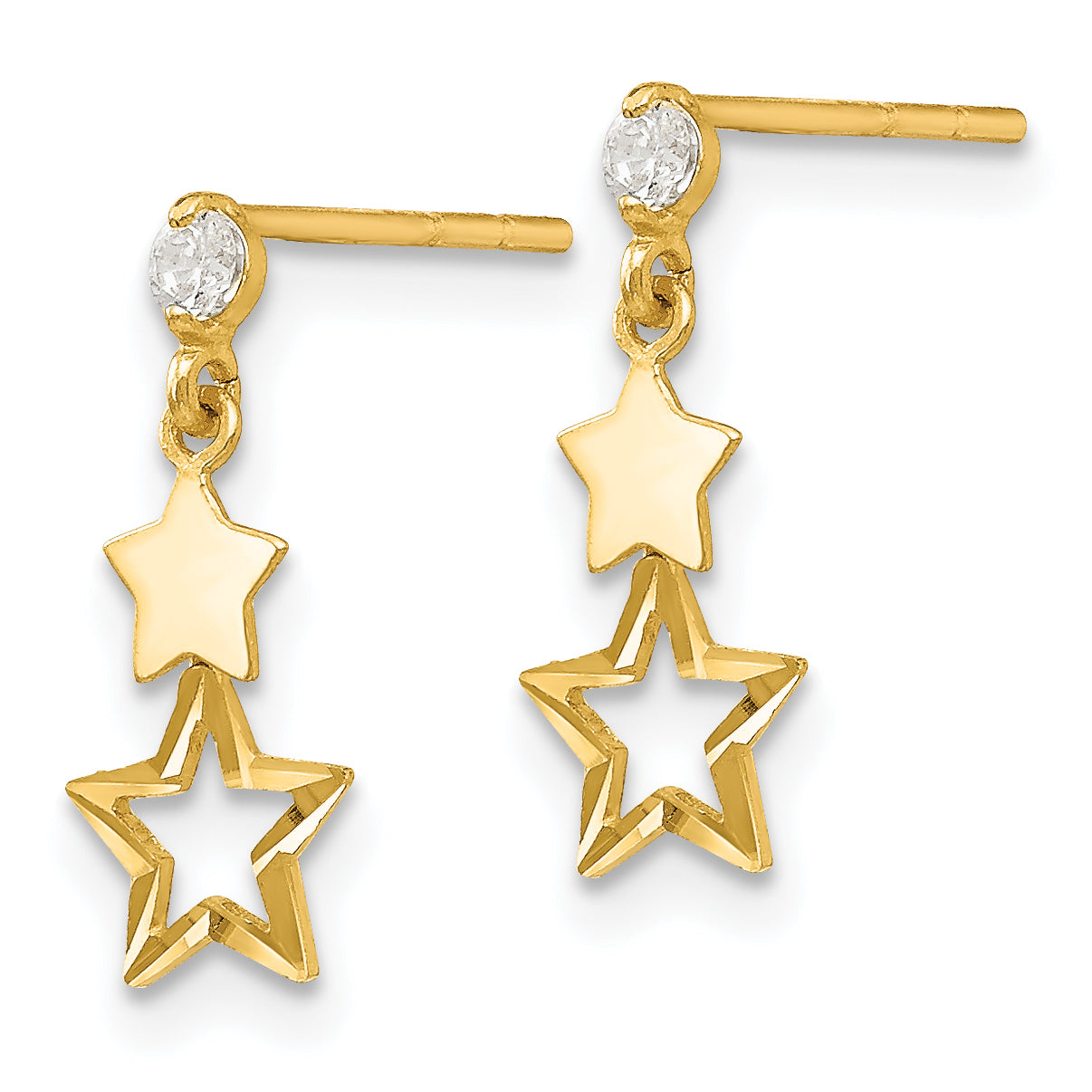 14K Gold Polished Star Dangle Earrings with CZ  Elegant, Nickel-Free Design