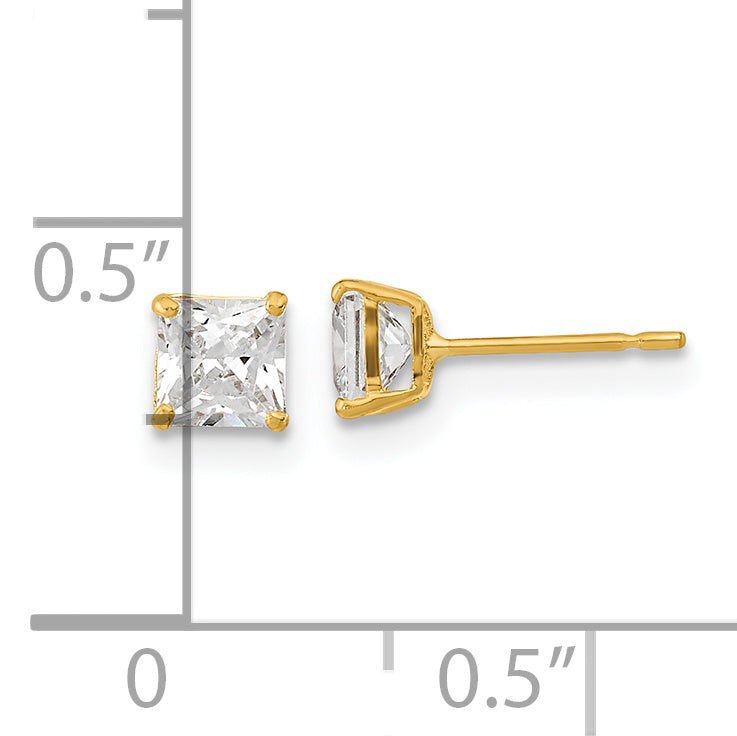 14K Gold Square CZ Stud Earrings with Polished Finish, Nickel-Free