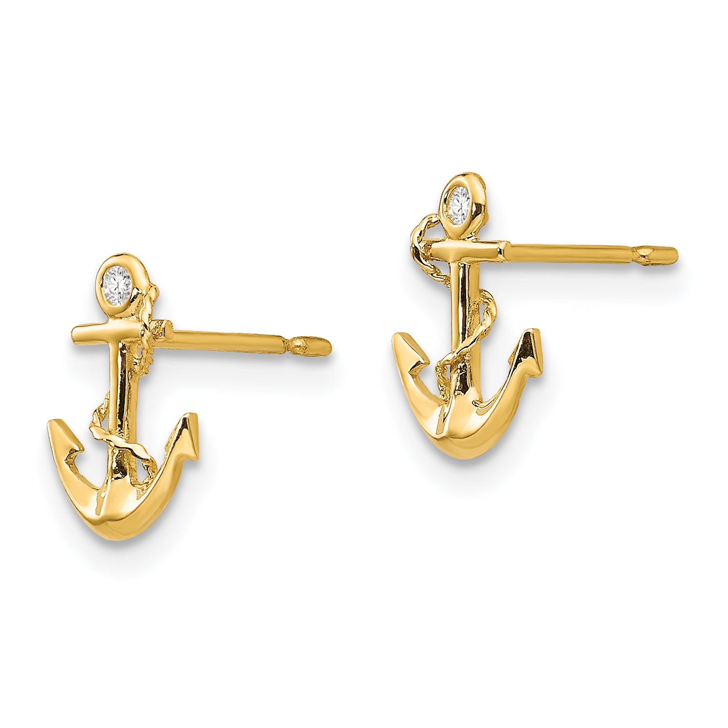 14K Gold Children's Anchor Earrings with CZ Stones  Polished, Nickel-Free