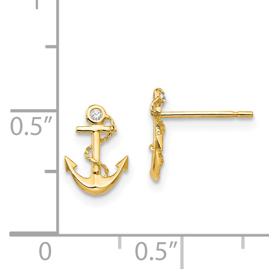 14K Gold Children's Anchor Earrings with CZ Stones  Polished, Nickel-Free