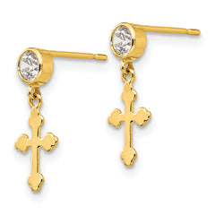 14K Gold CZ Children's Cross Dangle Earrings  Polished & Nickel-Free