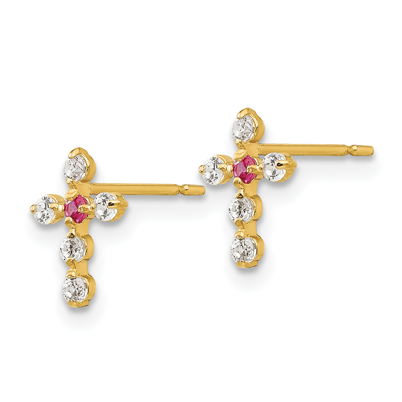 14K Gold Children's Cross Earrings with CZ Stones, Polished & Nickel-Free