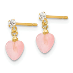 14K Gold Pink Cat's Eye & CZ Heart Dangle Earrings Elegant Polished Finish