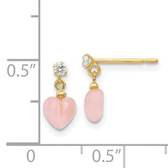 14K Gold Pink Cat's Eye & CZ Heart Dangle Earrings Elegant Polished Finish