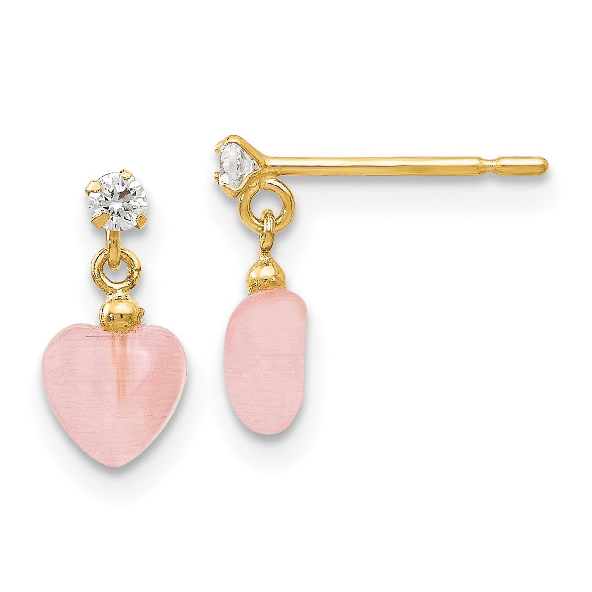 14k Madi K CZ and Pink Cat's Eye Heart Dangle Post Earrings