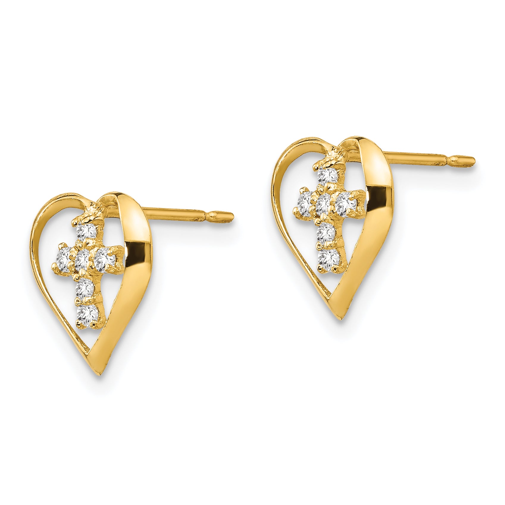 14K Gold Children's Heart Cross Earrings with CZ Stones, Polished Finish