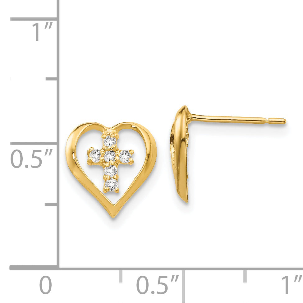 14k Madi K CZ Children's Heart Cross Post Earrings