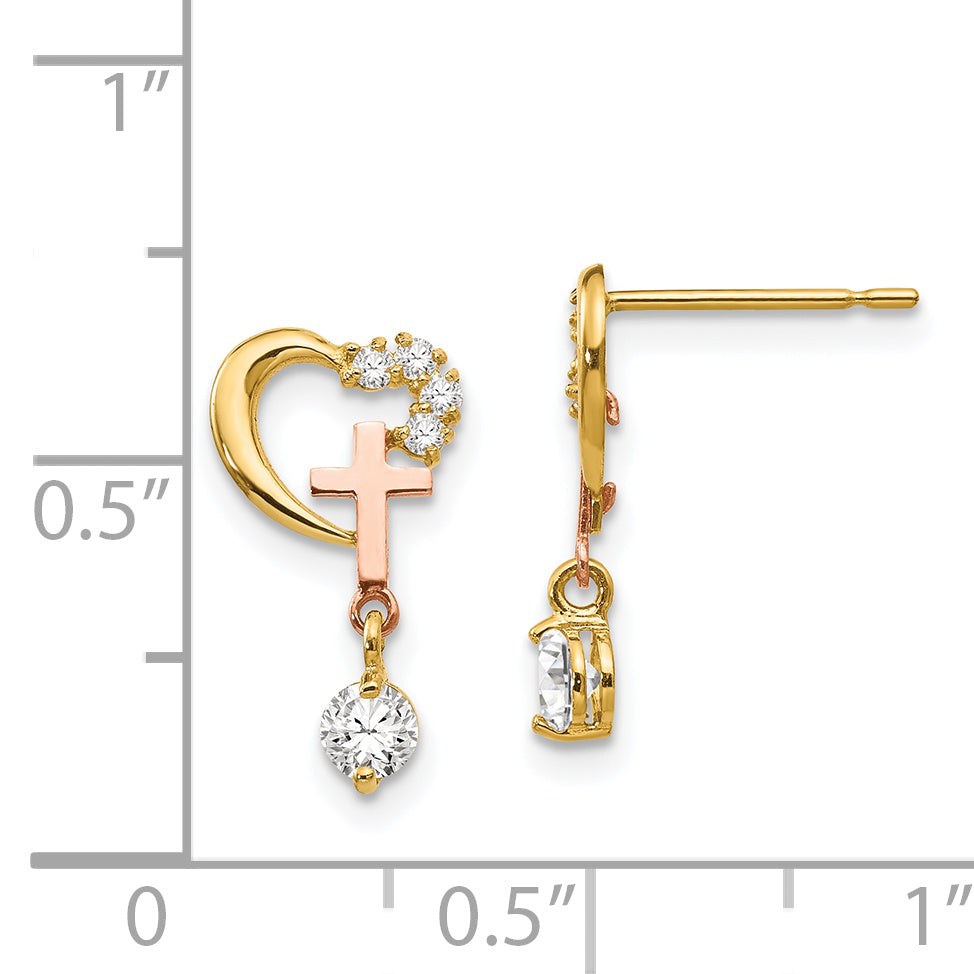 14K Two-Tone Gold Children's Cross & Heart Earrings with CZ Stone