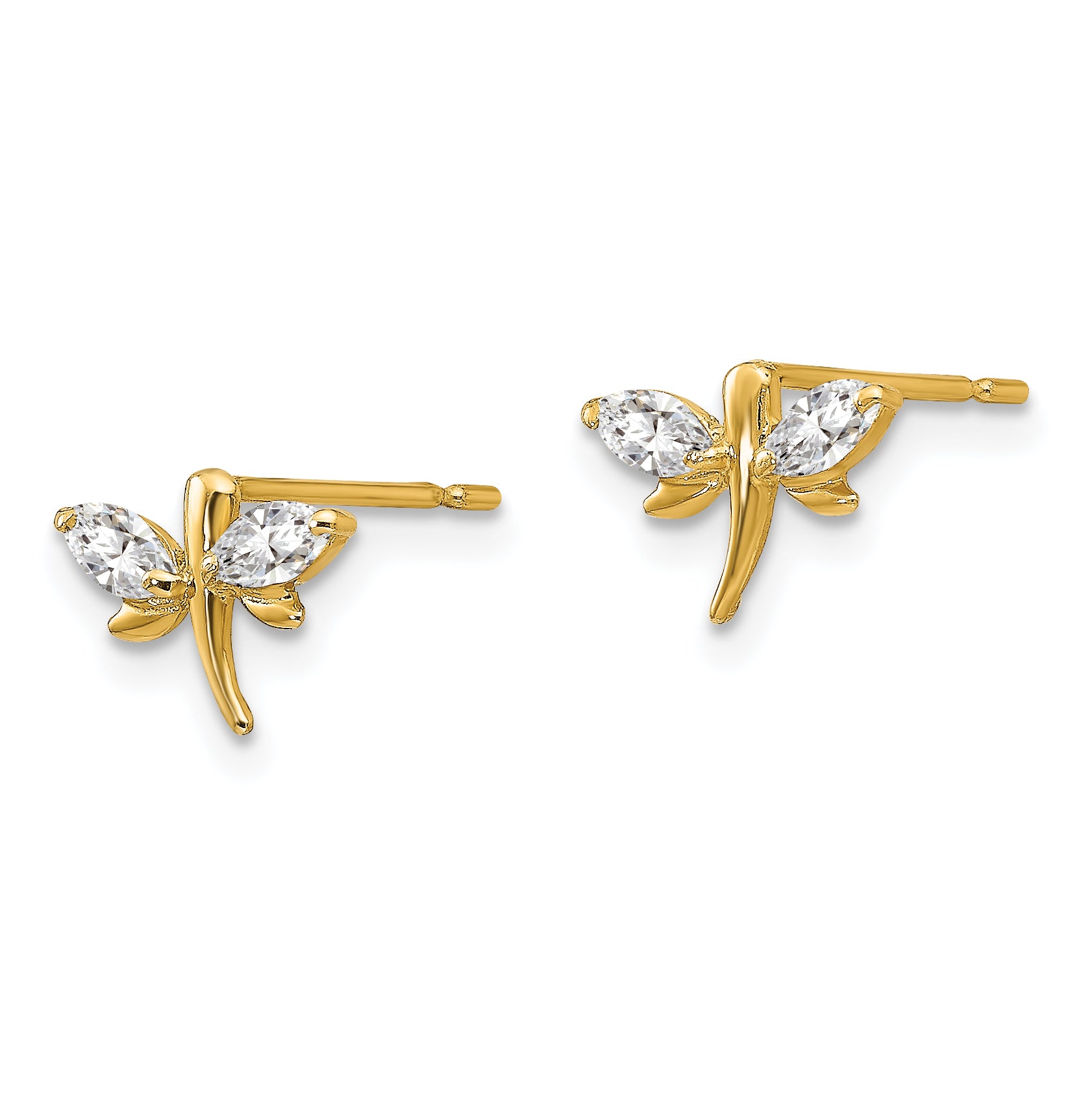 14K Gold CZ Dragonfly Earrings for Girls  Polished, Nickel-Free