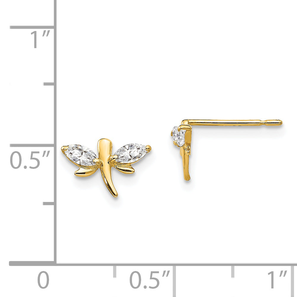 14K Gold CZ Dragonfly Earrings for Girls  Polished, Nickel-Free