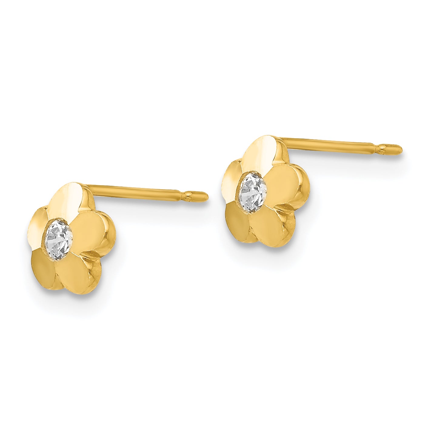 14K Gold CZ Children's Flower Earrings, Polished & Nickel-Free.