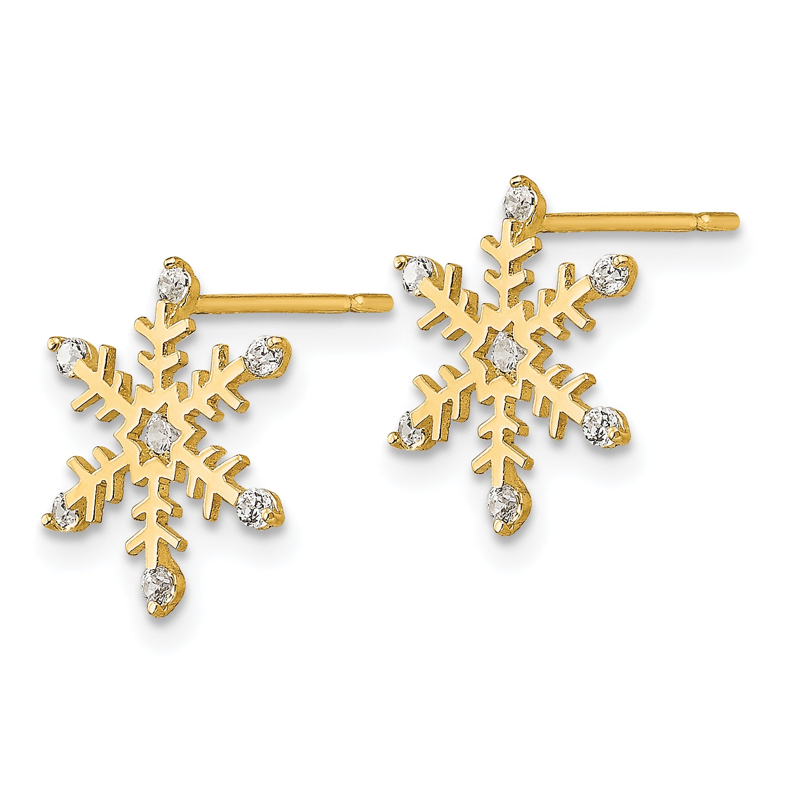 14K Gold CZ Snowflake Earrings for Girls  Polished, Nickel-Free