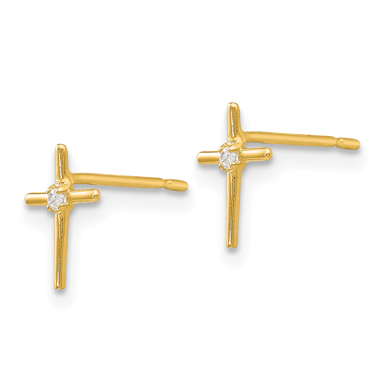 14K Gold CZ Children's Cross Earrings with Polished Finish