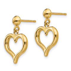 14K Gold Polished Heart Dangle Earrings Elegant Semi-Solid Design for Women