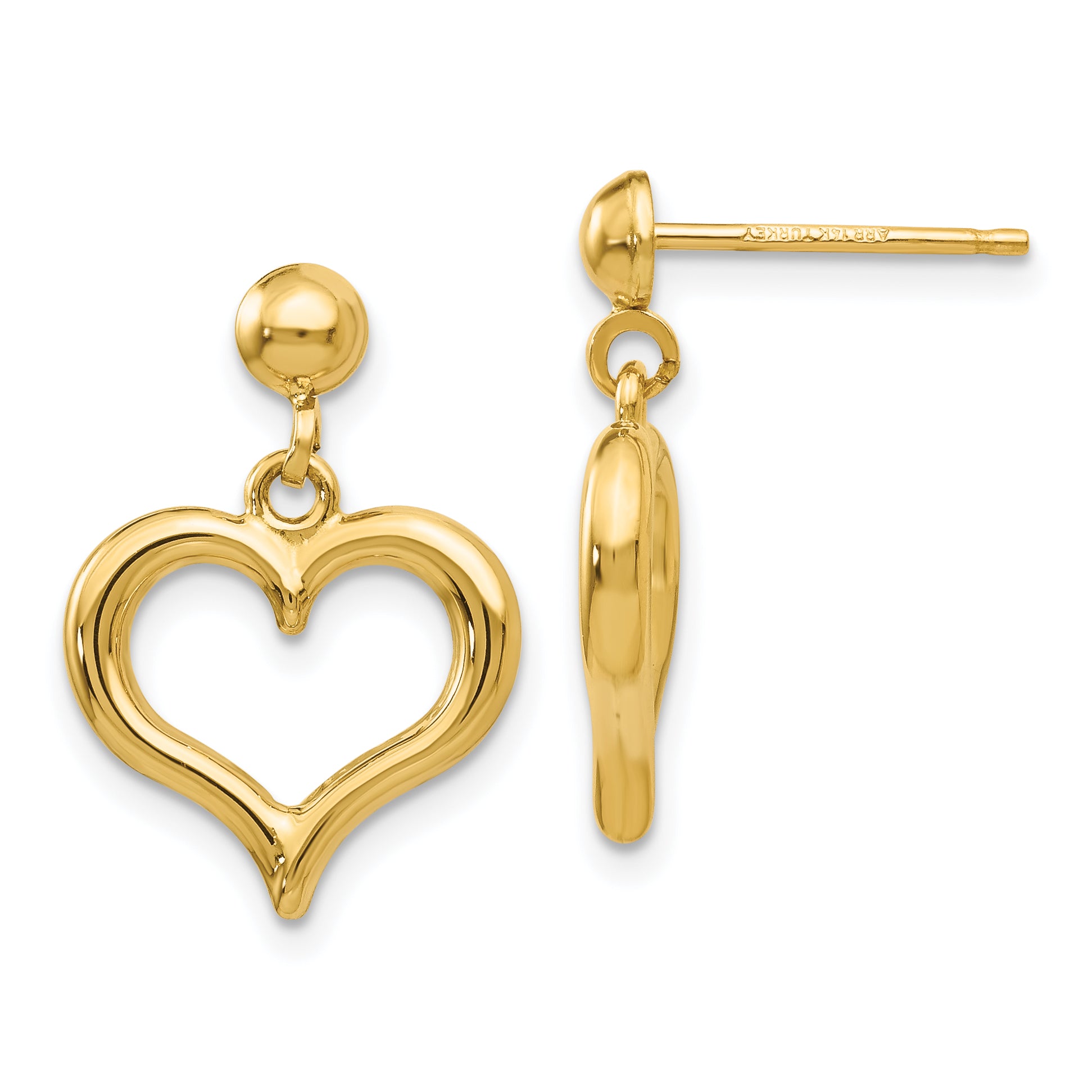 14K Gold Polished Heart Post Dangle Earrings