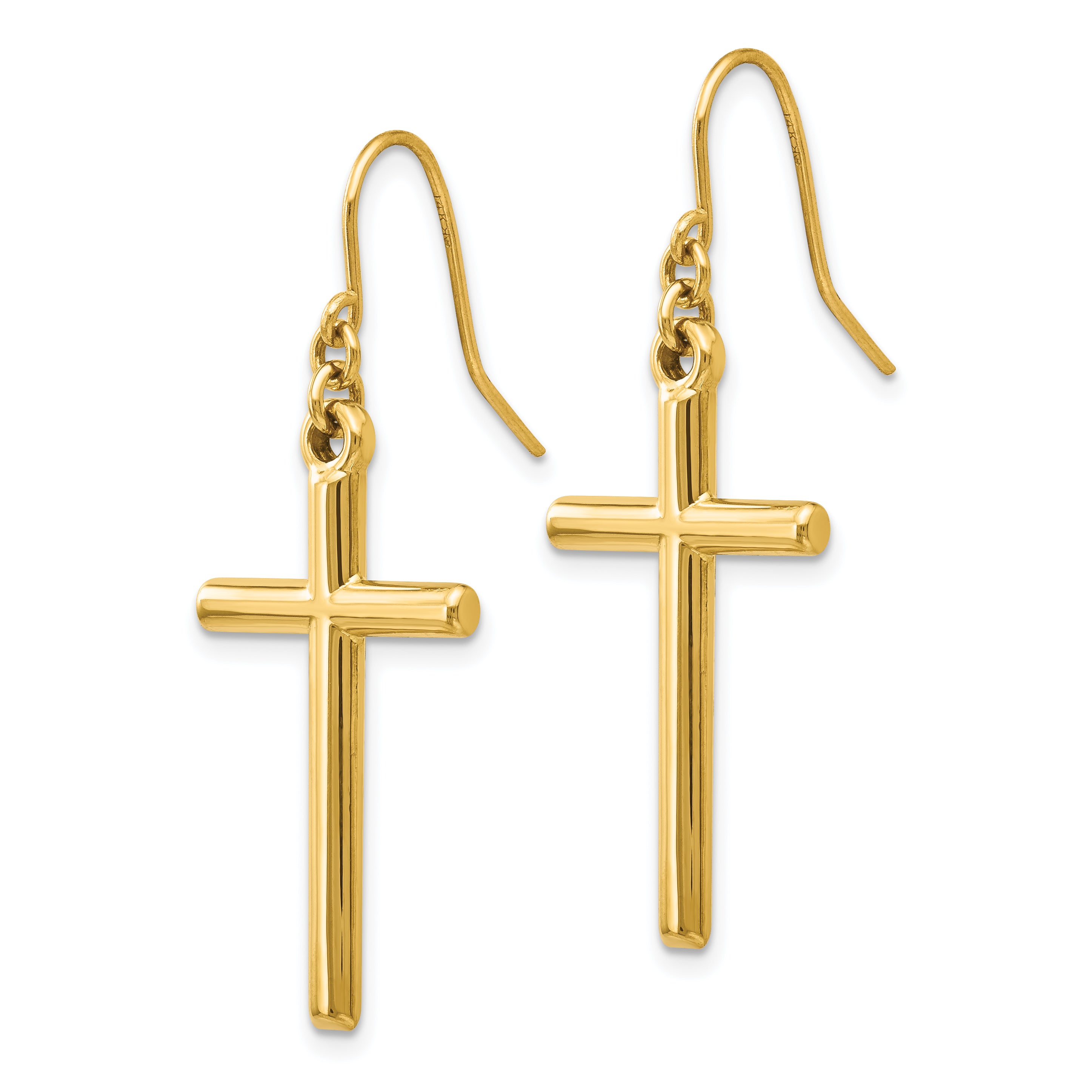 14K Gold Polished Cross Dangle Earrings for Women with French Wire