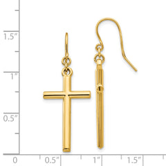 14K Gold Polished Cross Dangle Earrings for Women with French Wire