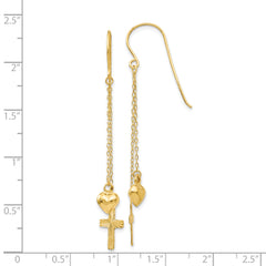 14K Gold Dangle Earrings with Puffed Heart & Diamond Cut Cross Design