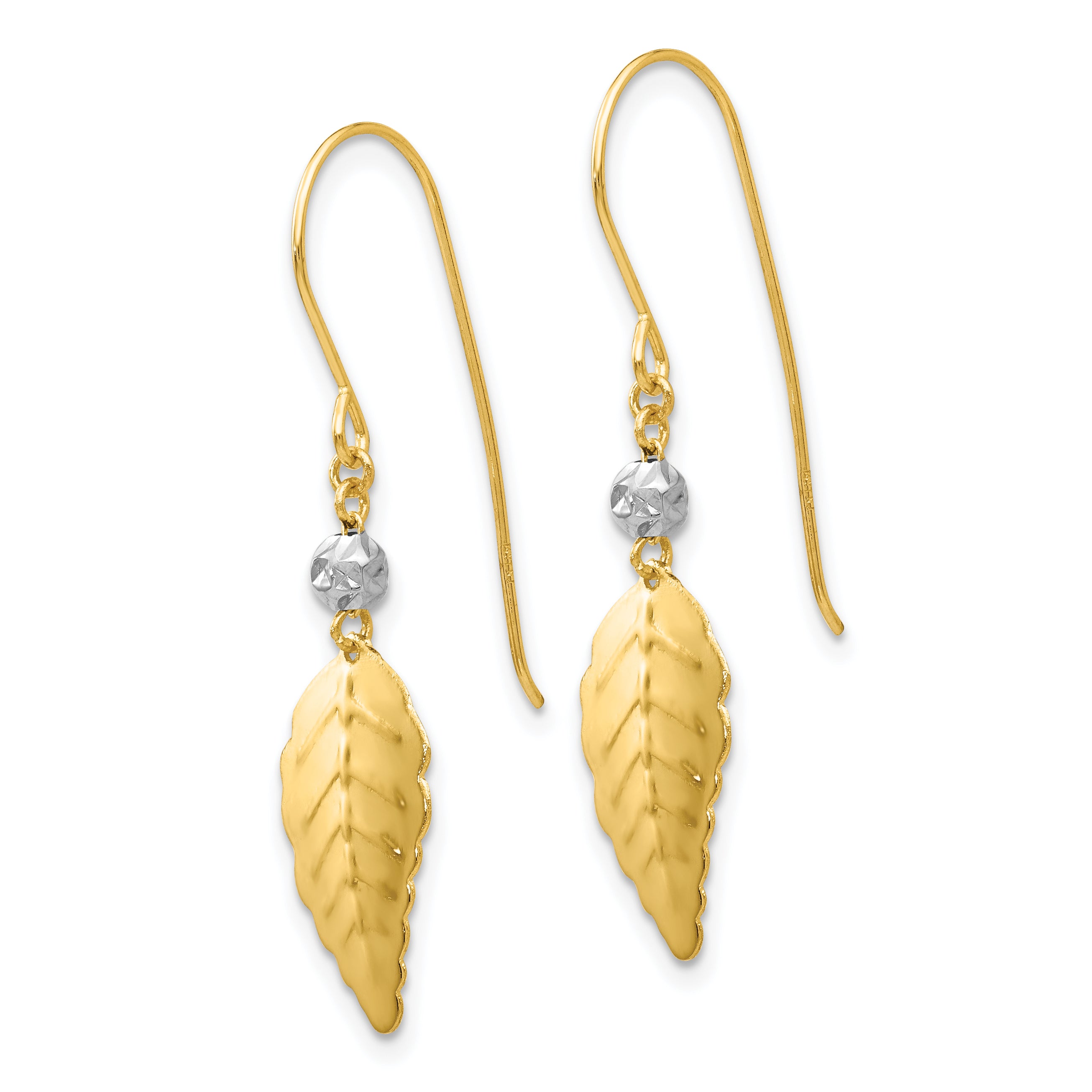 14K Two Tone Stamped Leaf Shepherd Hook Earrings