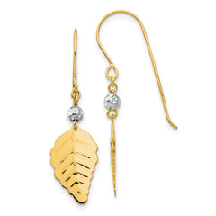 14K Two Tone Stamped Leaf Shepherd Hook Earrings